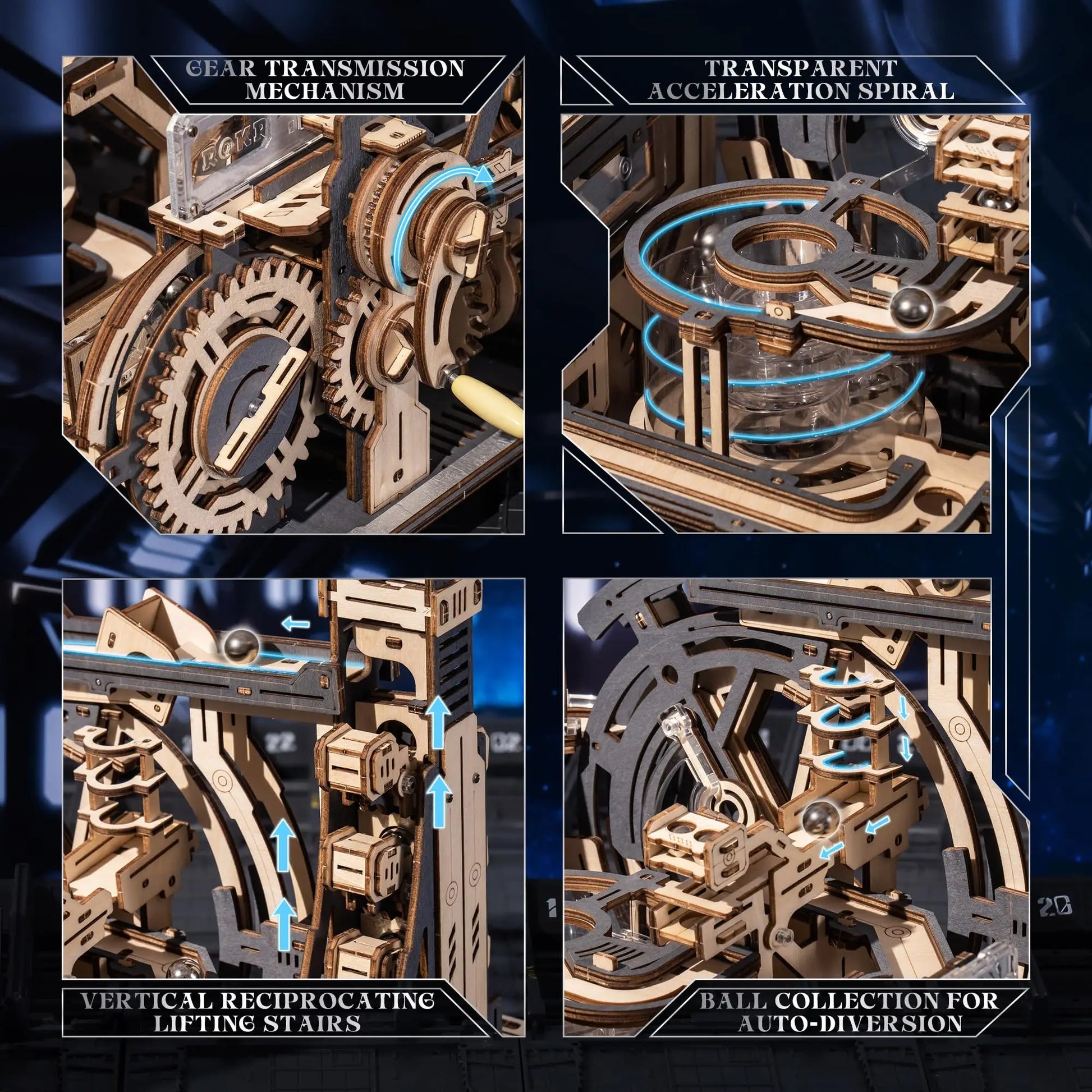 ROBOTIME Rokr Electric Marble Run with Light 3D Puzzle Toys Marble Spaceport Gifts for Kids Children Connect With Night City.