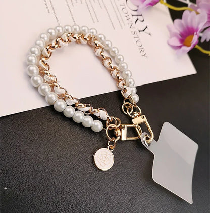 26cm Leather Pearl Camellia Mobile Phone Charm Bracelet Chain Anti-lost Universal Cell Phone Strap Rope Pendant Metal Key Chain.
