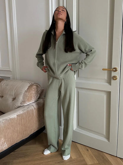 Tornova Zipper Strickjacke Pullover Anzug Weibliche Gestrickte Langarm Casual Mantel Breitbeinig Hosen Pullover frauen Zwei Stück Set