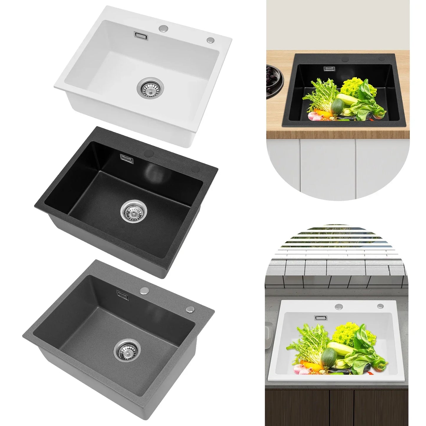 Küchenspüle, Quarzstein-Waschbecken, Abflussrohr, Abflusskorb, 55 x 45 cm, drehbarer Abfluss, Waschbecken für Badezimmer