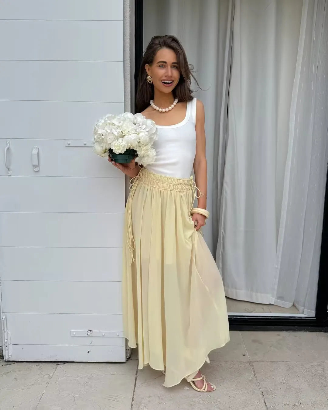 YENKYE New Fashion Side Drawstring High Waist Elegant Yellow Skirt Women Holiday Summer Loose Chiffon Midi Skirts faldas mujer.