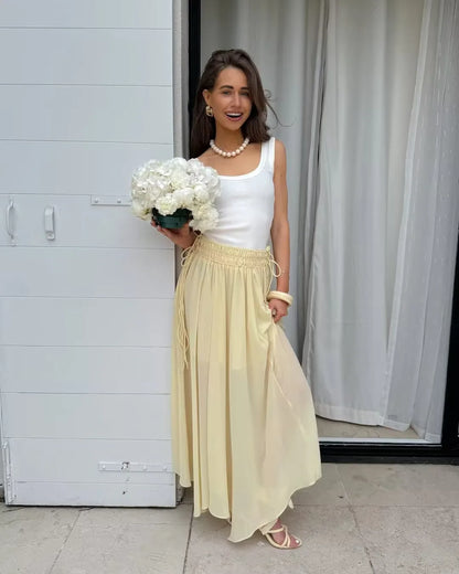 YENKYE New Fashion Side Drawstring High Waist Elegant Yellow Skirt Women Holiday Summer Loose Chiffon Midi Skirts faldas mujer.