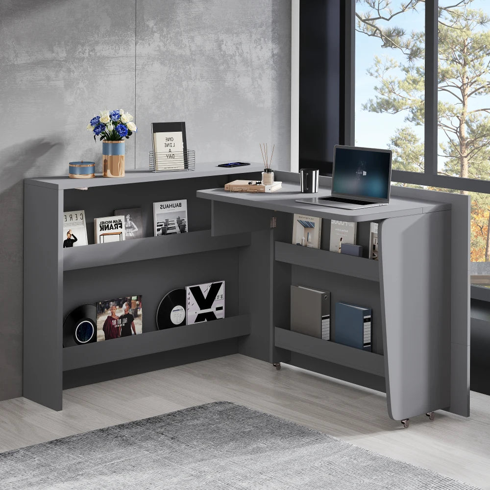Klappbarer Schreibtisch mit Rollen und kabellosem Ladegerät – 2-in-1-Sideboard und Arbeitsplatz, mit Regal und Kippschutz, Rollen mit Bremstisch