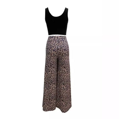 Women Two Piece Sets Outfits 2024 Summer Fashion Square Neck Sleeveless Crop Tank Top & Leopard Print Pocket Wide Leg Pants Set.
