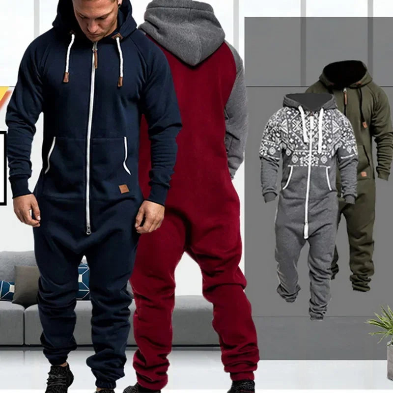 New Custom 3D Full Design Jumpsuit Pajamas Long-sleeved sports pants solid color splicing casual sweater men's zipper hoodie.