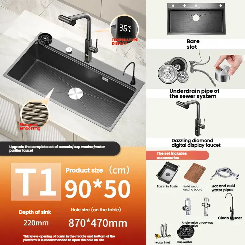 Stainless Steels Kitchen Sink Household Wash Dish and Wash Vegetables Basin Large Single Slot Multifunctional Dishwashing Bowl