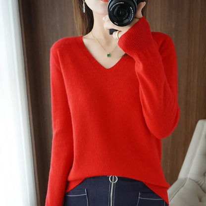 Neue Kaschmir frauen V-ausschnitt Pullover Spitze Neck Aushöhlen Design Beiläufige Gestrickte Lange Hülse frauen Pullover Herbst Und winter