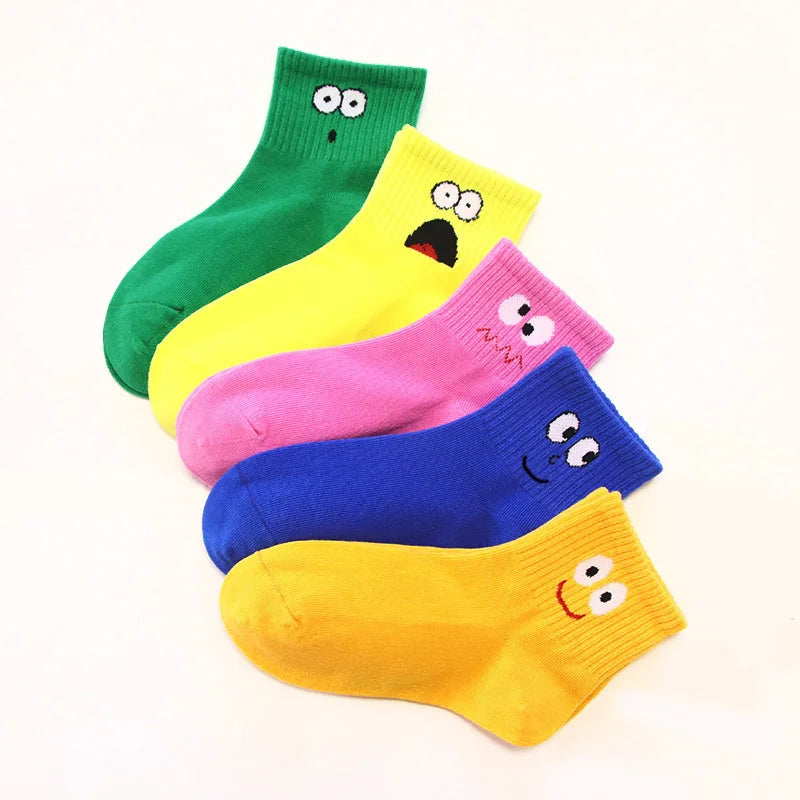 5 Pairs Kids Socks Cute Funny Face Emoticons Pattern Comfortable Breathable Boys Girls Socks.