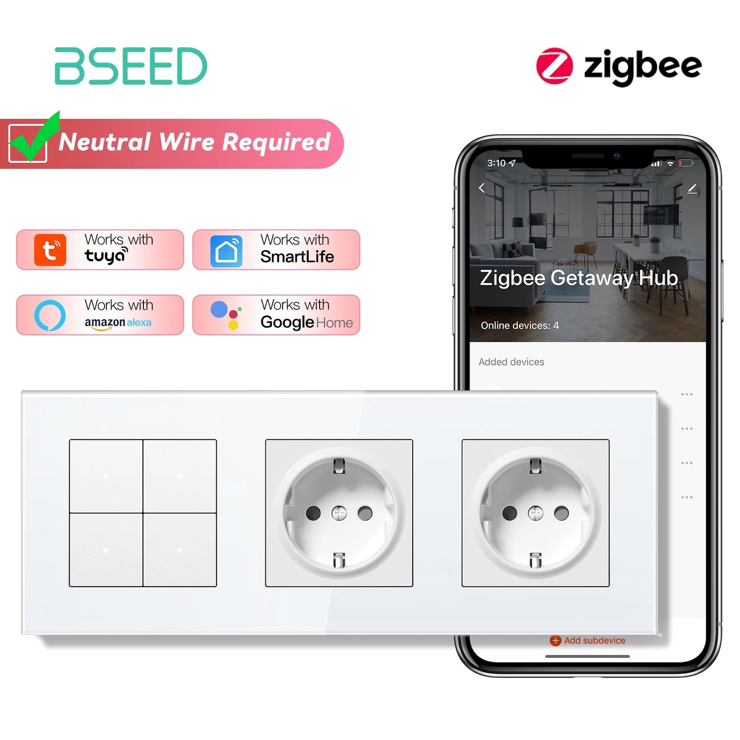 BSEED Zigbee Click Wandschalter Serie Intelligente Lichtschalter Gelbe Hintergrundbeleuchtung Glasrahmen Tuya-Schalter EU-Wandsteckdose USBC-Anschluss