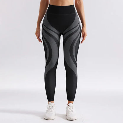 Seamless Breathable High Waisted Contrasting Yoga Pants Women Tight Fitting Hip Lifting Long Striped Sports Suit Long Leggings.