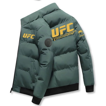 2025UFC new thick jacket, warm cotton-padded jacket, winter casual sports down jacket, stand-up collar windproof jacket.