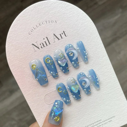 10Pcs Handmade Press on Nails Long Ballet Blue Fake Nails with 3D Ocean Moon Rhinestone Design False Nails Full Cover Nail Tips.