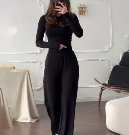 Solid Color Top Women Set Slim Fit Long Sleeved O-neck Top Pleated Straight Pocket Pants 2025 Spring/summer Vacation Women's Set.