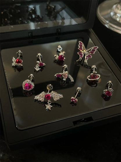 New Trendy Shiny Rose Red Color Zircon 316L Stainless Steel Ear Bone Nail Y2K Gothic Love Heart Small Earrings for Women Jewelry.