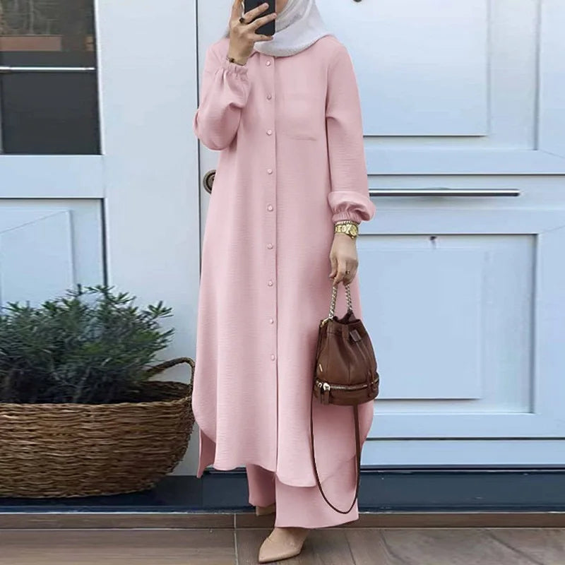 Mandylandy Muslim Robe Long Shirts Women Islamic Clothing Arabian 2 Piece Set Outfits Long-sleeve Shirt and Trousers Sets.