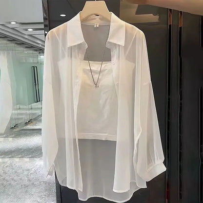 Sheer Chiffon Shirt Women's Casual UV Resistant Cardigan Summer Thin Commuting Coat Japanese Fashion Mesh Sunscreen Clothing Y2k