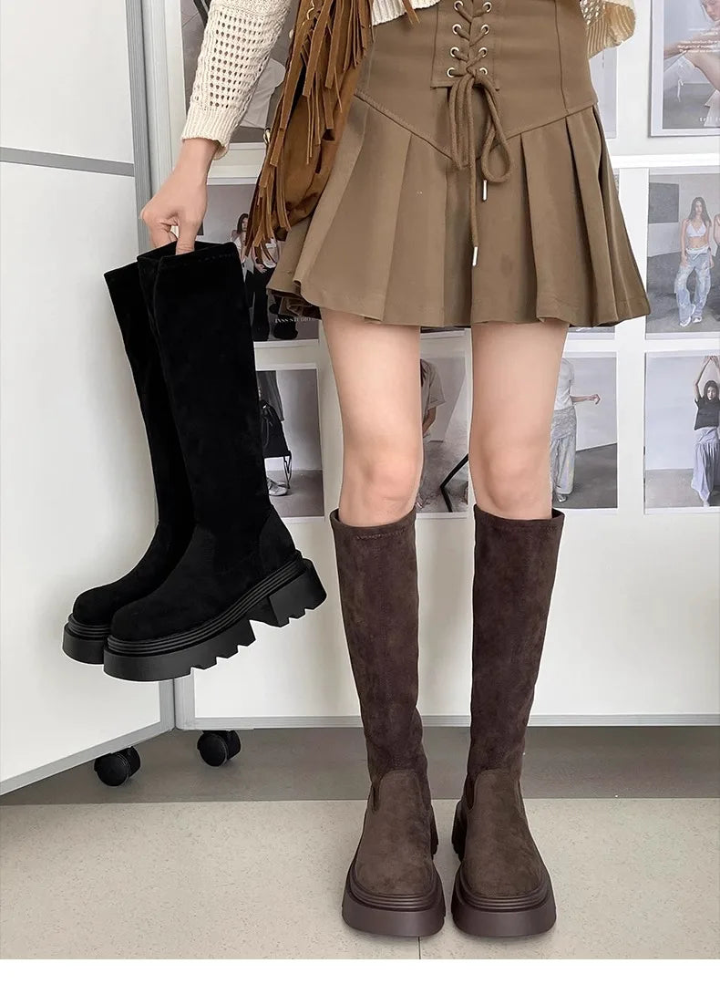 Winter Platform Punk Style Woman Knee High Boot Concise Slip On Elastic Slim Shoes Ladies Thick Bottom Knight Long Booties.