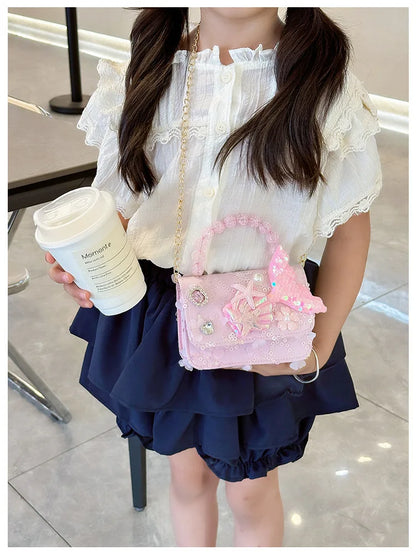 Lovely Sequin Girls Square Shoulder Bag Fish Tail Starfish Princess Crossbody Bags Bead Handle Children's Small Handbags Purse