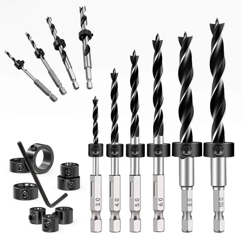 1/4 Sechskantgriff Dreizackiger Holzbearbeitungsbohrer und Tiefenanschlag-Positionierer Ring-Set Holzbearbeitungsloch Reiben Elektrowerkzeug