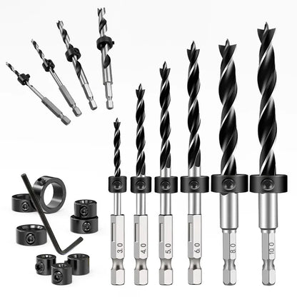 1/4 Sechskantgriff Dreizackiger Holzbearbeitungsbohrer und Tiefenanschlag-Positionierer Ring-Set Holzbearbeitungsloch Reiben Elektrowerkzeug