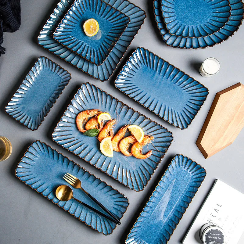 Retro Household Ceramic Tableware Kiln Variable Glaze Western Plate Creative Long Plate Main Dish Dinner Plate Kitchen Supplies.