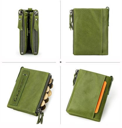 Fashion Genuine Leather Women Wallet Bi-fold Wallets Red ID Card Holder Coin Purse With Double Zipper Small Women's Purse 2022