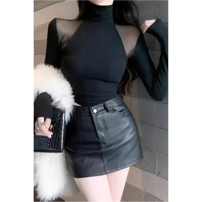 Sexy Pure Half Turtle Neck Small Mesh Splicing Slim Fit and Velvet T-shirt Base Shirt for Women in Autumn and Winter New Top.