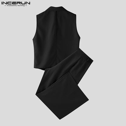INCERUN Summer Men's Sets Solid Color Sleeveless Tops Tee Buttons Summer Long Pants Male Two-piece Suits Streetwear 2PCS S-5XL.