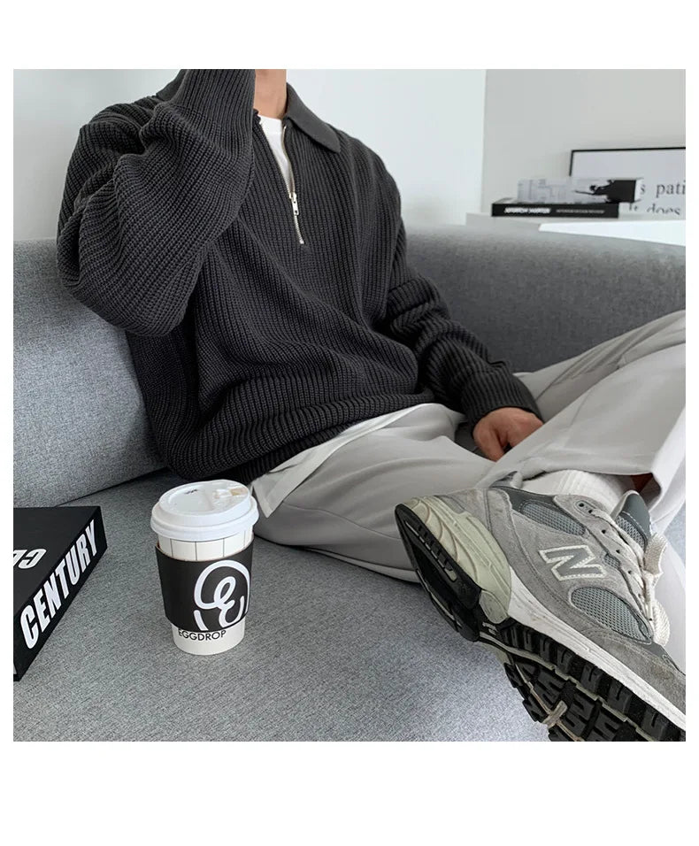 Half Zipper Sweater Men's Autumn and Winter Japanese Retro Korean Lapel Sweater Loose Casual Thread Trend