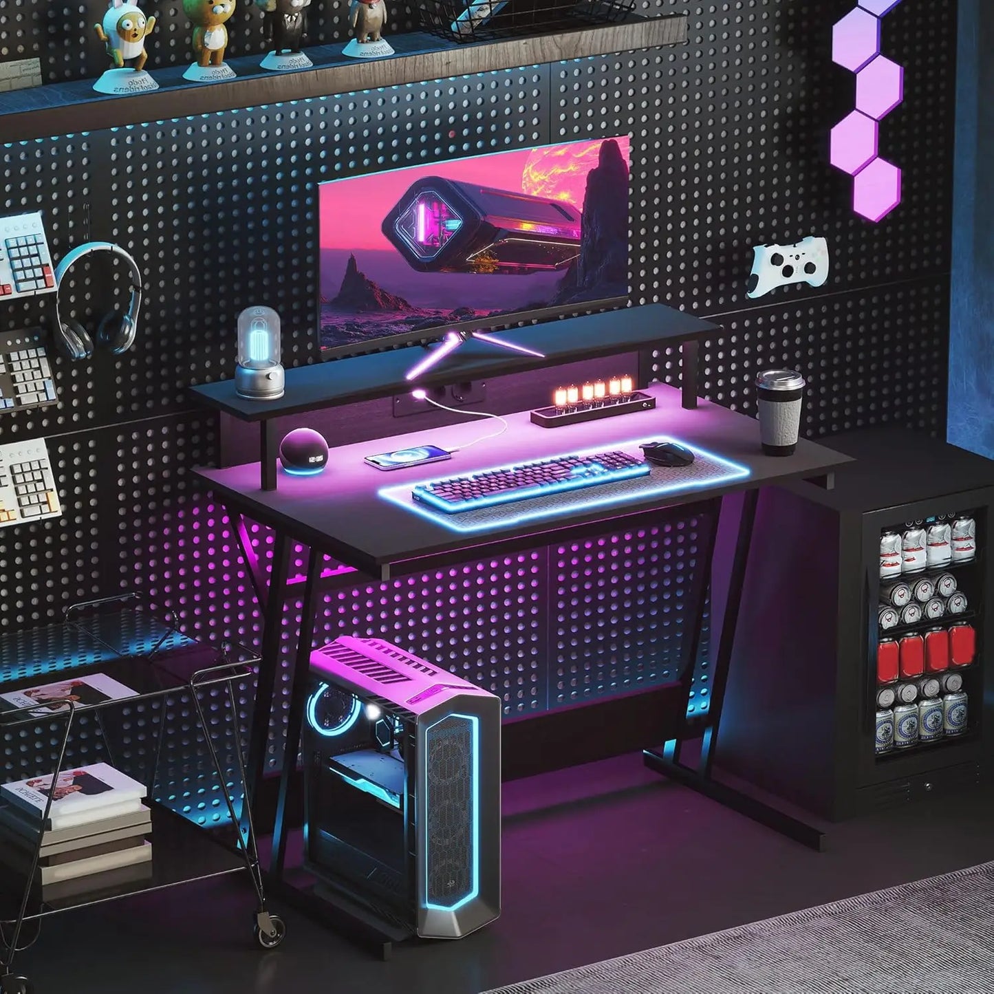 Gaming-Schreibtisch mit LED-Beleuchtung und Monitorständer, 100 x 60 cm Computer-Gaming-Tisch, PC-Tisch mit USB, TYP C und Fernbedienung