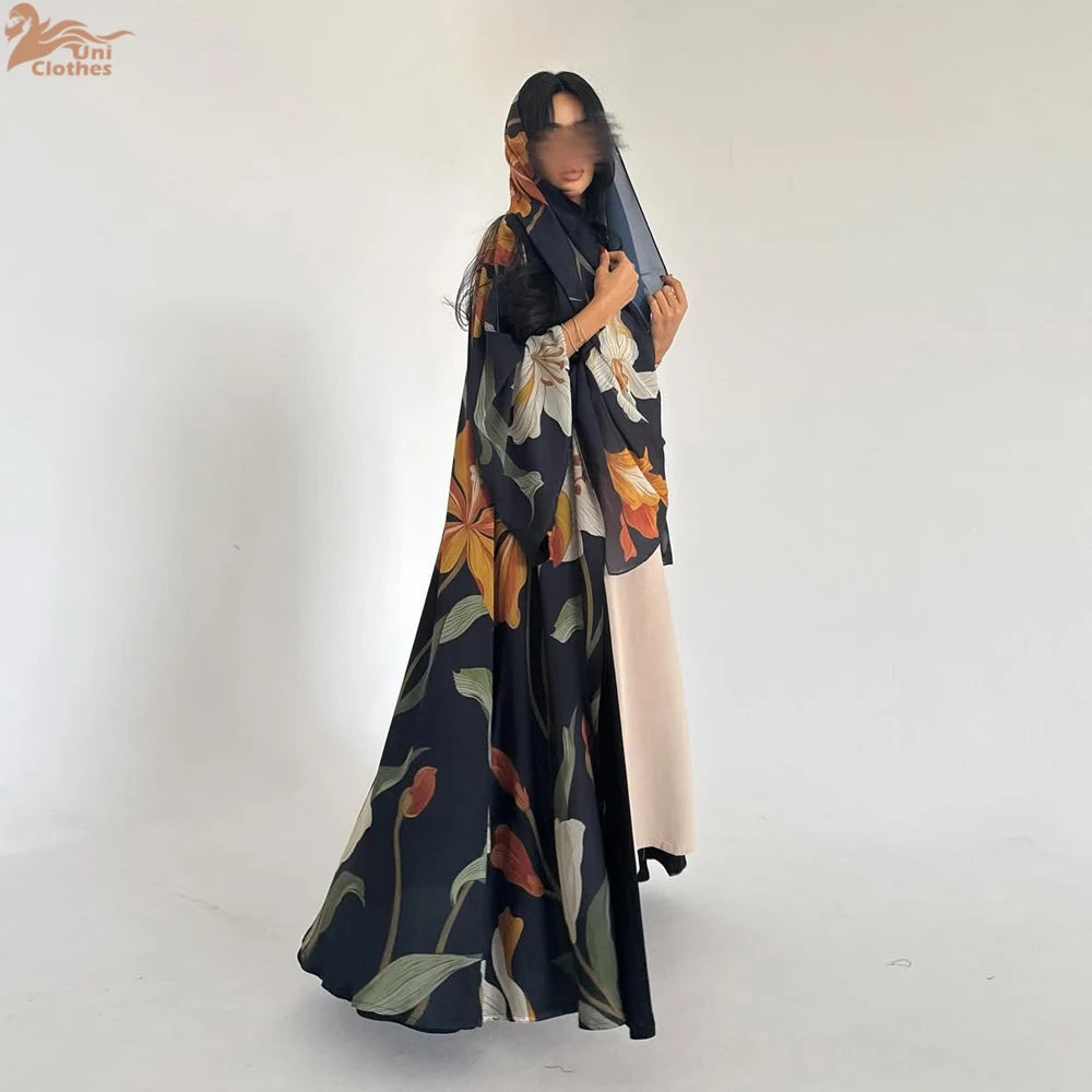 Uni Dubai Fashion Floral Print Open Abaya Muslim Elegant Cardigan With Hijab Scarf 2025 Feminine Clothes.