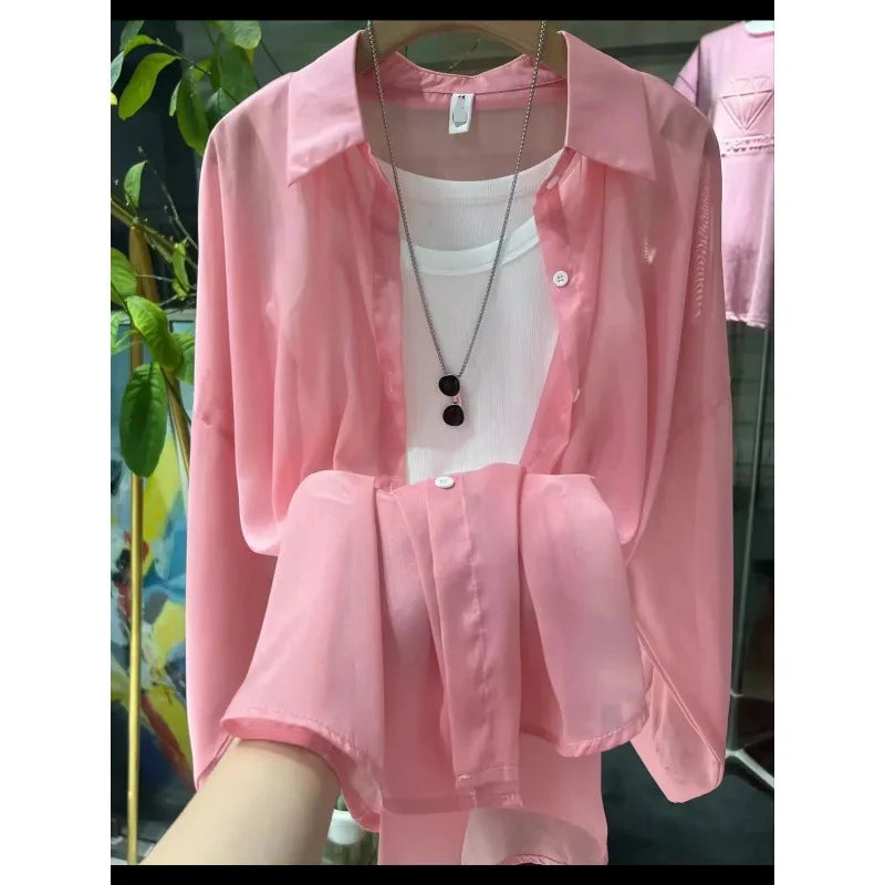 1pcs Woman Four Seasons Shirt Lady Thin Sunscreen Shirts Female Casual Long Sleeve Turn-down Collar Loose Med-Length Style Tops.