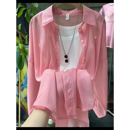 1pcs Woman Four Seasons Shirt Lady Thin Sunscreen Shirts Female Casual Long Sleeve Turn-down Collar Loose Med-Length Style Tops.