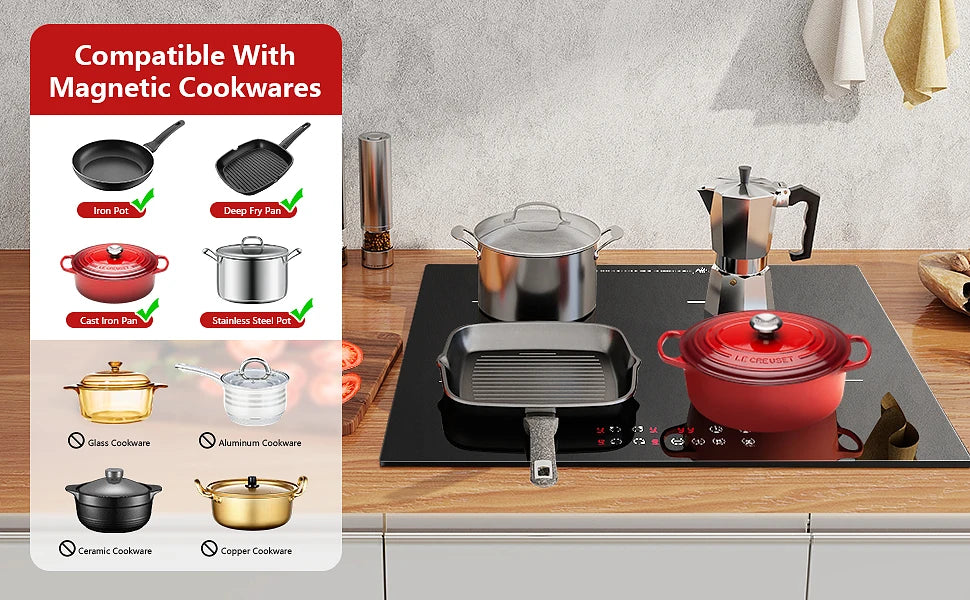 Induction Hob 4 Plates Built-in Electric Cooktop 60cm Booster Touch Control 6000W 9 Power Levels 1-99Minute Timer Child Lock.