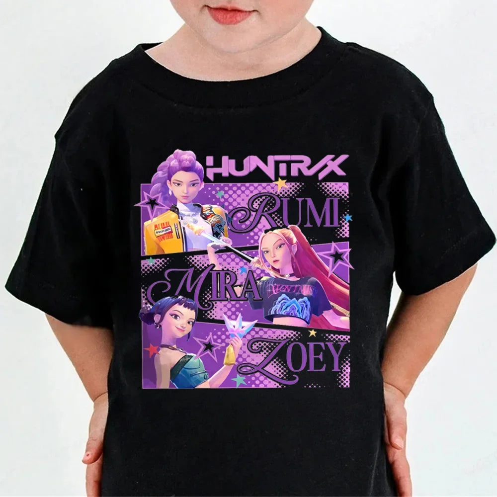 Huntrix Kpop Demon Hunters T-Shirt for Boys Girls Cotton Fans Gift Summer Crew Neck Short Sleeve Tees Fashion Kids T-shirt.