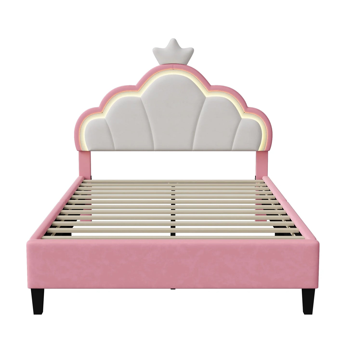 Lazyspace Samt-Polsterbett, LED-Kopfteil in Wolkenform mit dekorativer Krone, rosa Bettrahmen für Mädchen