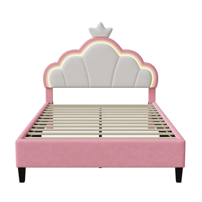 Lazyspace Samt-Polsterbett, LED-Kopfteil in Wolkenform mit dekorativer Krone, rosa Bettrahmen für Mädchen