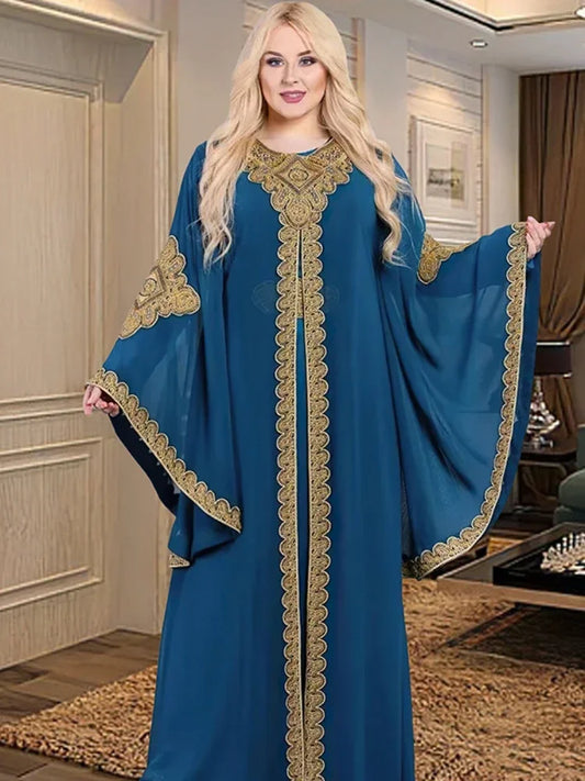 Partykleider für Frauen, Abaya, muslimischer Kaftan, 2-teiliges Set, Eid-Flare-Ärmel, Robe, bestickt, goldene Spitzenkleid, Anzug, Jalabiya Ramadan
