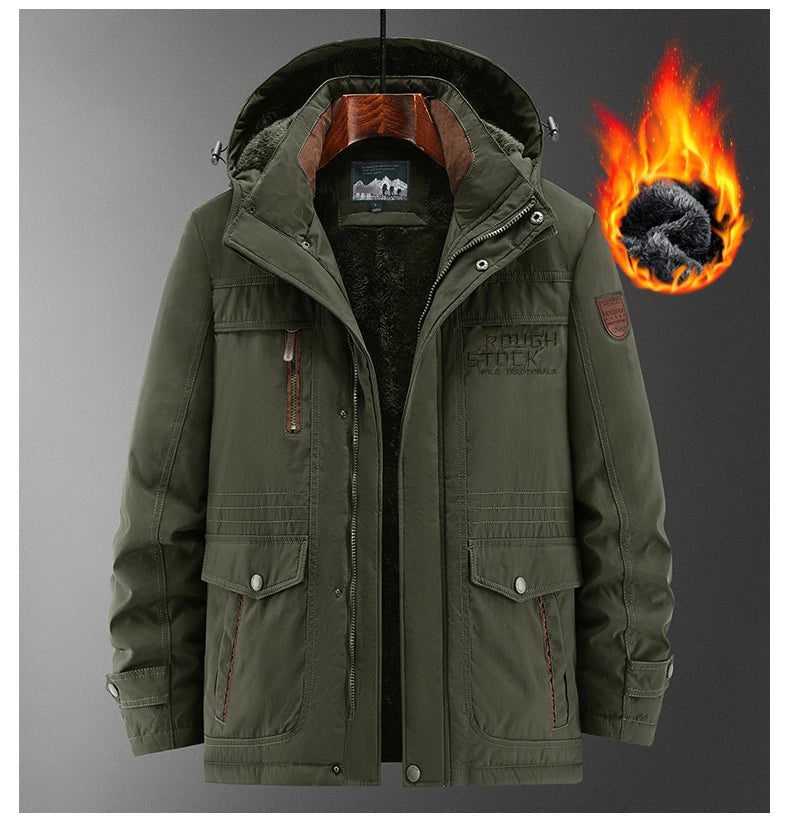 Thick Coat Winter Outdoor Running Sports Windproof Warm Fleece Hooded Cargo Jacket Men Removable Hood Thick Warm Fleece Jacket