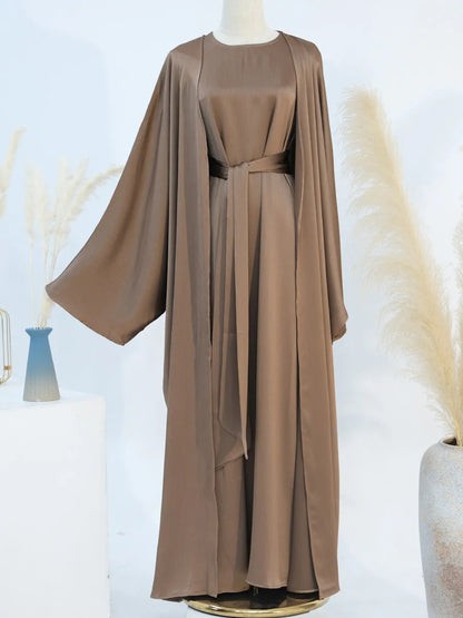 Muslim Turkish Women Arabic Dubai Abaya Long Dress Modest Ramadan Robe Liner Dress Kaftan Two-Piece Set Femme Islam Clothing Set