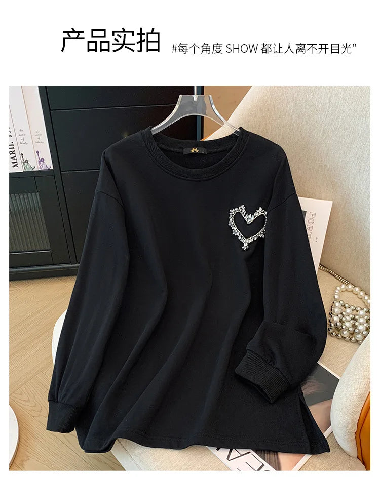 150 kg Übergröße Damen Büste 155 Frühling Herbst Lose Sweatshirt mit hellem Diamantherz Schwarz 5XL 6XL 7XL 8XL 9XL