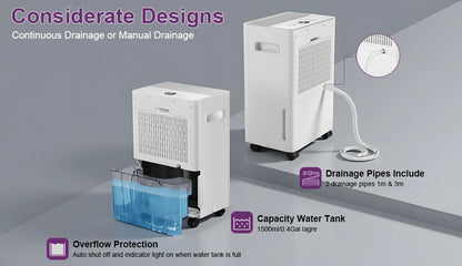 LOEFME 8L Electric Dehumidifier with Automatic Humidity Sensor & Display 24Hr Timer, Laundry Drying, Continuous Drainage 1m & 3m.