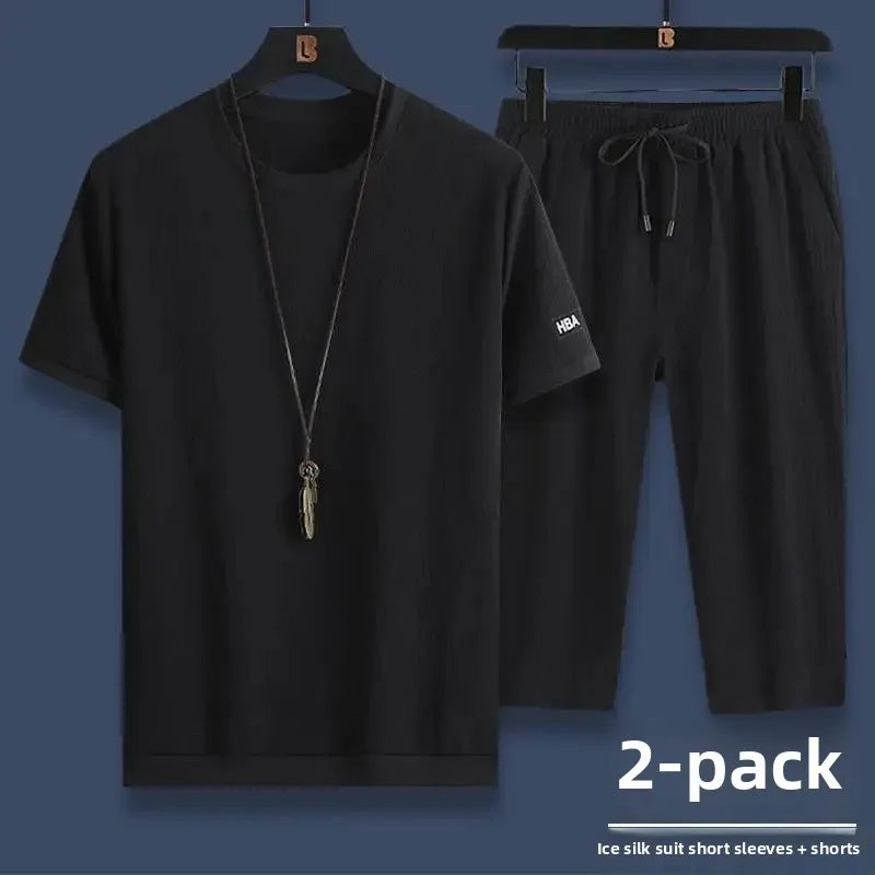 Summer Casual Ice Silk Short Sleeve T-Shirt Shorts Set for Men Fashionable Two-Piece Outfit Lightweight Sportswear Combo