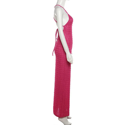 Sexy Streifen Rippen Stricken Schlank Bodycon Maxi Kleid Frauen Ärmellose Backless Lange Popcorn NDress Elegante Club Party Vestidos
