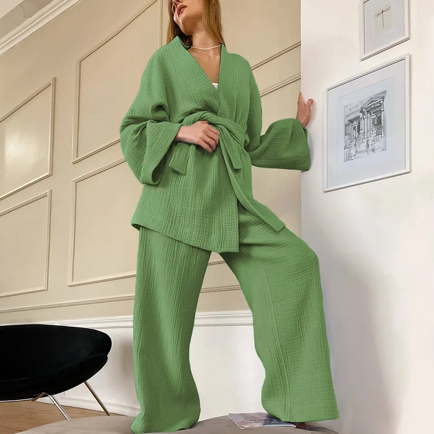 NHKDSASA Kimono Pajamas 2023 New 100% Cotton Crepe Long-Sleeved Trousers Ladies Sleepwear Suit Women's Home Service Mujer