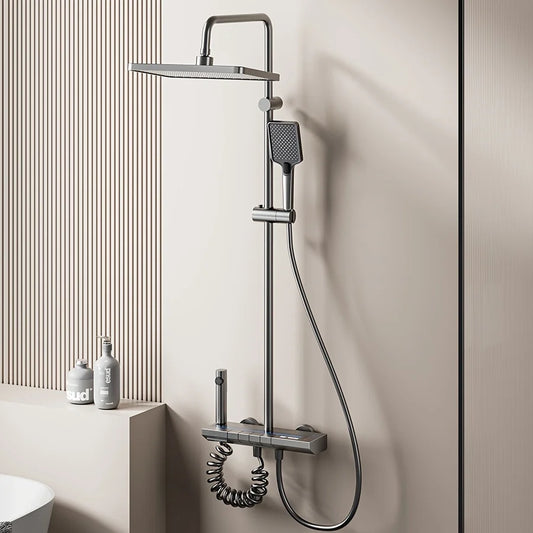 Bathroom Luxury Shower System with Tempered Glass Piano Key Smart Digital Display Thermostat Mixer Shower Faucet Full Set