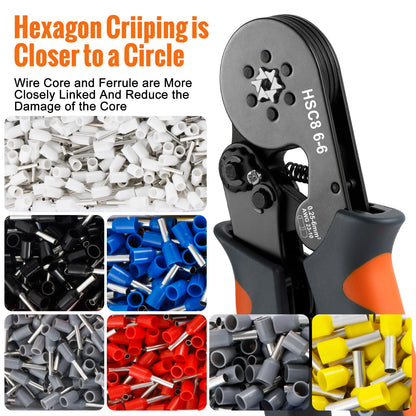 Sechseckiges, selbstverstellbares Ratschen-Aderendhülsen-Crimpwerkzeug-Set, 23–7 AWG, 0,25–10 mm2, Crimp-Set mit Aderendhülsen, Drahtklemmen