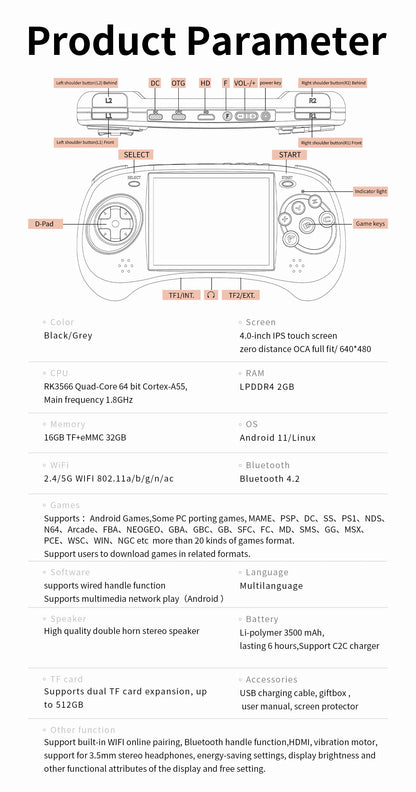 ANBERNIC RG ARC Retro Games RK3566 4.0INCH 640*480 Handheld Game Console Emulator LINUX Android System 3500mAh Children's Gifts