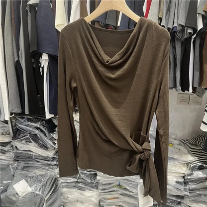 Women's Long Sleeve Striped T-Shirt Shoulder Baring Side Tie Base Shirt Versatile Autumn Fashion Design Cotton Top.