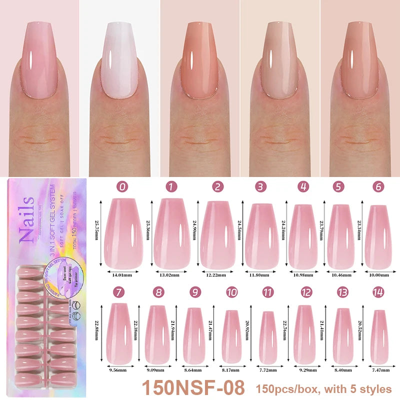 150Pcs/Box Acrylic Press on Nails Full Cover Fake False Tips Soft Gel Extension T-shaped Oval Capsule Almond Sculpted Salon DIY